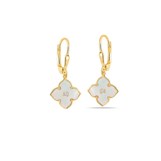 Pendientes de Plata para Mujer con Baño de Oro, Diseño de Trébol, Perla Sintética y Circonita CÚBICA BIPE080 - Image 1