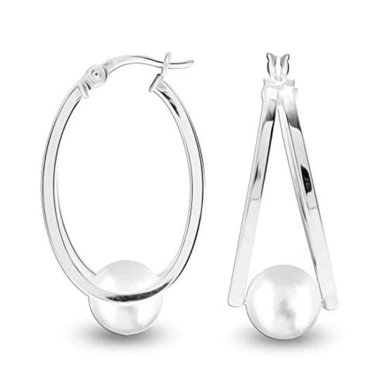 Pendientes de aro ovalados para mujer con perla blanca, plata esterlina 925 BIPE030 - Image 1