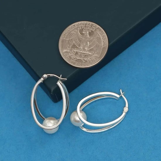 Pendientes de aro ovalados para mujer con perla blanca, plata esterlina 925 BIPE030 - Image 3