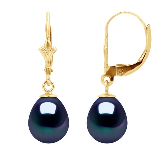 Pendientes colgan cuentas de agua dulce 8-9 mm peras negras oro blanco 18 quilates - Image 1