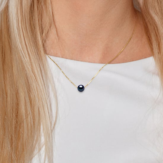 Collar Pearl Cultured Agua dulce Redonda y negra 9-10 mm Cadena veneciana de oro blanco - Image 2