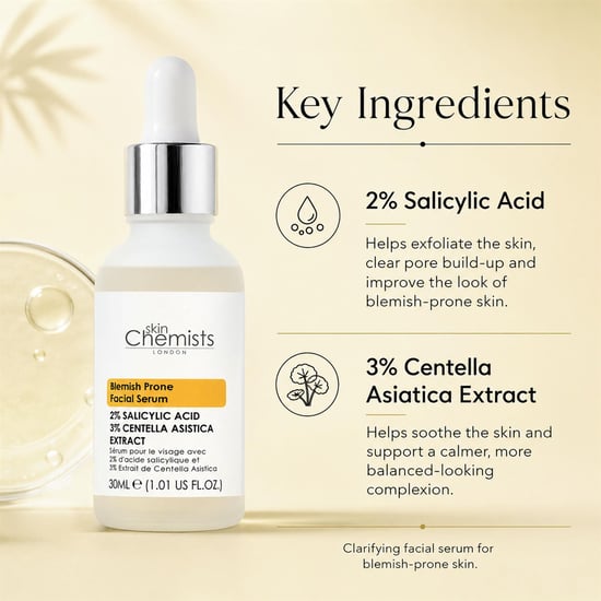 skinChemists Sérum facial para pieles con imperfecciones, 2 % de ácido salicílico, 3 % de centella asiática, 30 ml. - Image 3