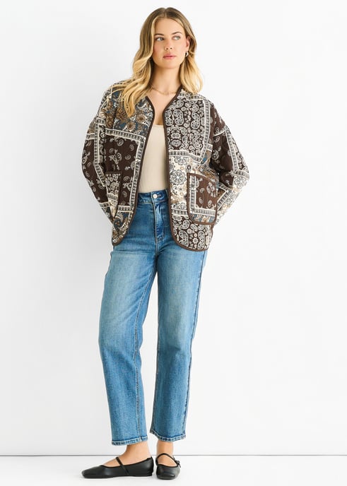 Chaqueta acolchada ligera de viscosa con estampado de azulejos Paisley en tonos chocolate - Image 1