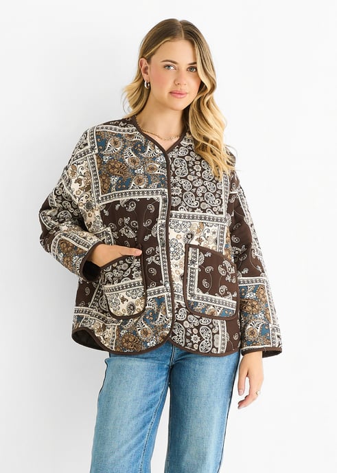 Chaqueta acolchada ligera de viscosa con estampado de azulejos Paisley en tonos chocolate - Image 2