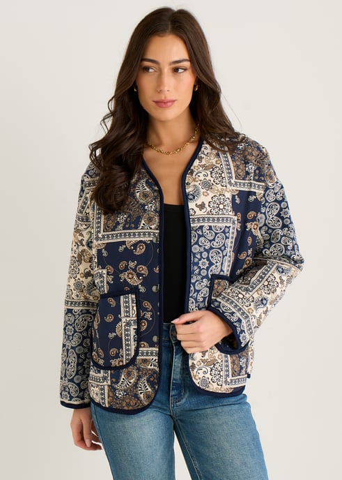 Chaqueta acolchada ligera de viscosa con estampado de azulejos Paisley en azul marino - Image 2