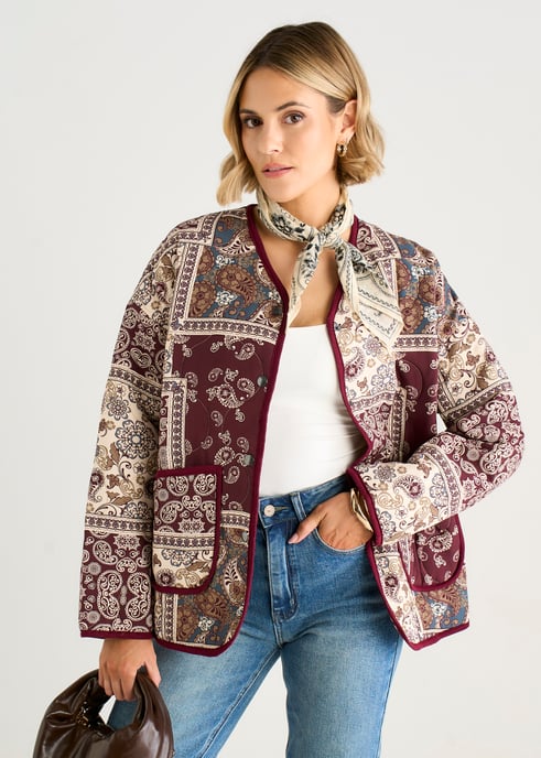Chaqueta acolchada ligera de viscosa con estampado de azulejos Paisley en color burdeos - Image 2