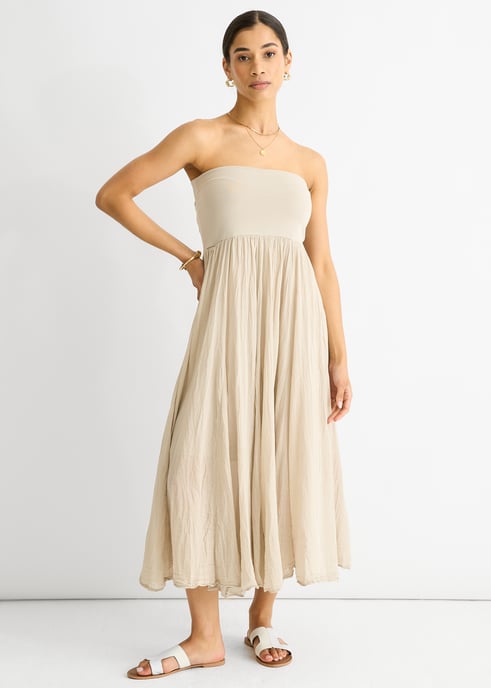 Vestido tipo falda skater de algodón beige con cinturilla versátil - Image 1