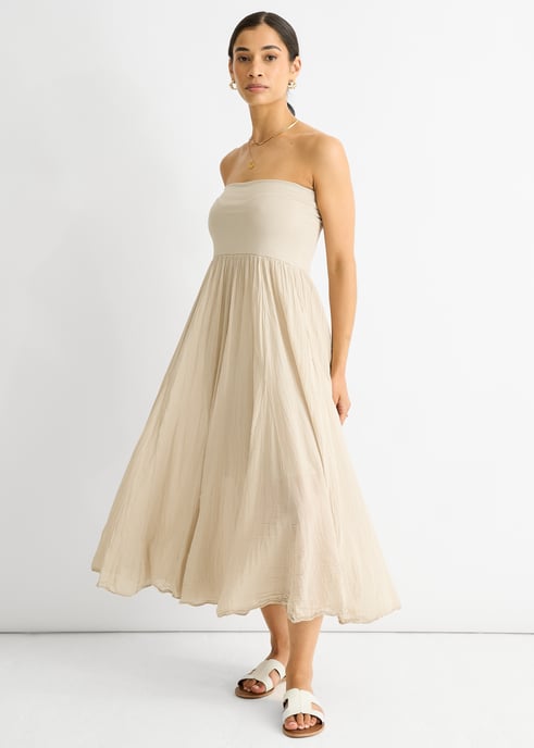 Vestido tipo falda skater de algodón beige con cinturilla versátil - Image 3