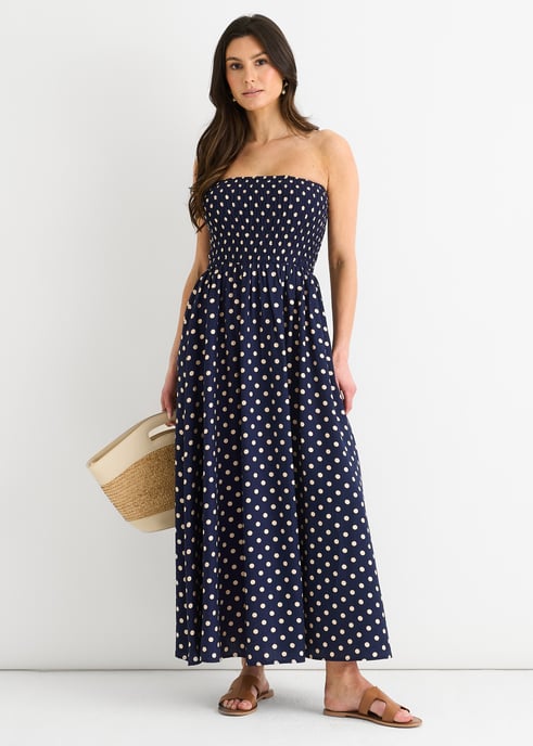 Top fruncido azul marino y vestido midi de viscosa con lunares - Image 1