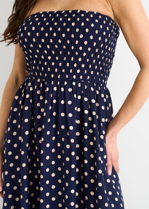 Top fruncido azul marino y vestido midi de viscosa con lunares - Image 2