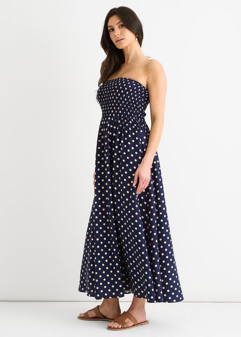 Top fruncido azul marino y vestido midi de viscosa con lunares - Image 3