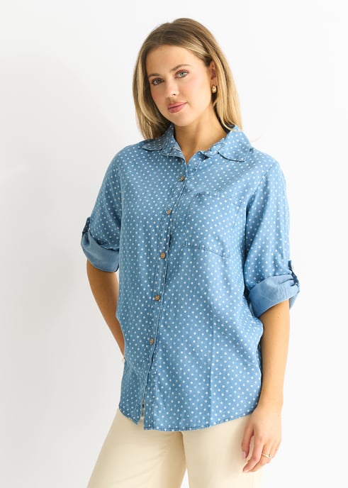 Camisa de estilo vaquero azul con estampado de lunares - Image 2