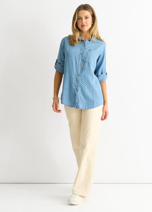 Camisa de estilo vaquero azul con estampado de lunares - Image 3