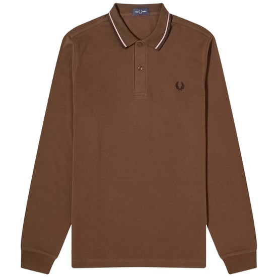 Camisa Polo De Manga Larga Fred Perry Negra Con Cuello De Doble Ribete Color Tabaco Quemado - Image 1