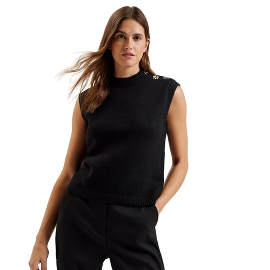Camiseta Negra Sin Mangas Con Cuello Redondo Y Botones Ted Baker Rondher Rose - Image 2