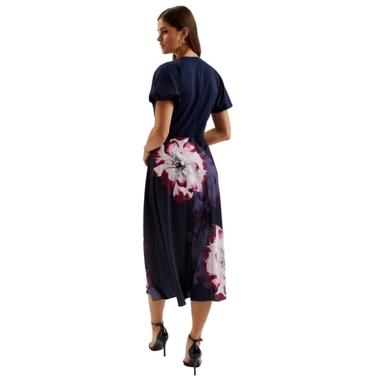 Vestido De Satén Azul Marino Estampado Con Corpiño De Punto Mitzic De Ted Baker - Image 4