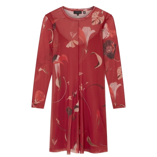 Vestido Midi Rojo Estampado De Manga Larga Con Malla De Ted Baker - Image 1