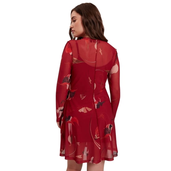 Vestido Midi Rojo Estampado De Manga Larga Con Malla De Ted Baker - Image 3