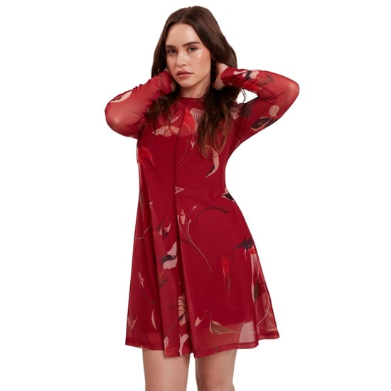 Vestido Midi Rojo Estampado De Manga Larga Con Malla De Ted Baker - Image 4