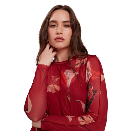 Vestido Midi Rojo Estampado De Manga Larga Con Malla De Ted Baker - Image 6
