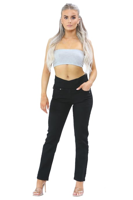 Vaqueros con control de barriga y cintura elástica para mujer en negro - Image 4