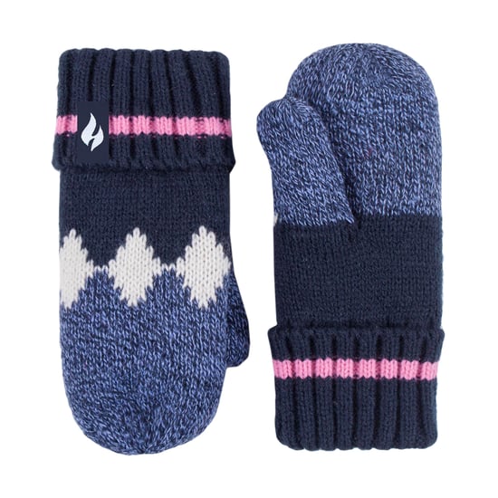 Calentadores - Niñas nórdico Patrón Fairisle Diseño Trapper Sombrero con Pom Pom y Guantes Mittens Set - Azul Marino - Image 4