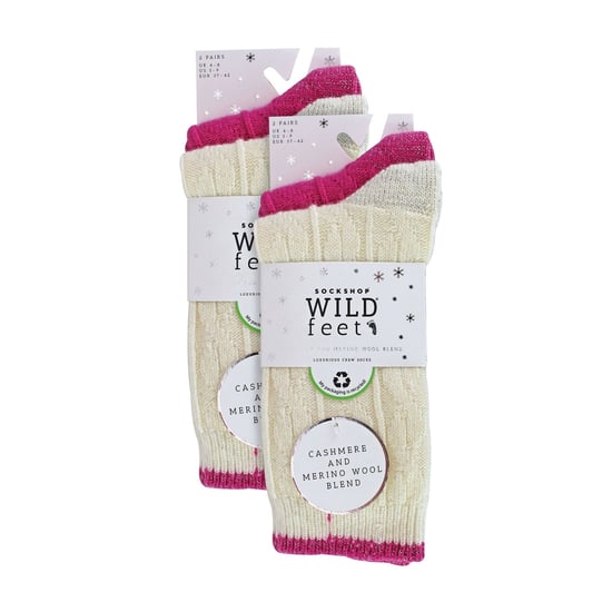 Pack de 4 calcetines de mujer de punto por cable | Wildfeet | Lurex Glitter Socks for Women - Cream/Pink - Image 2