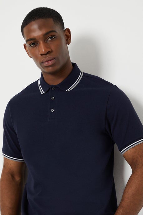 2 Pk Pure Cotton Tipped Polo Shirts White/navy - Image 6