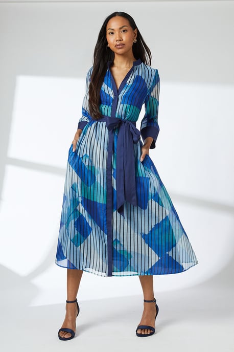 Blue Belted Contrast Detail Collarless Shirt Dress - Image 1