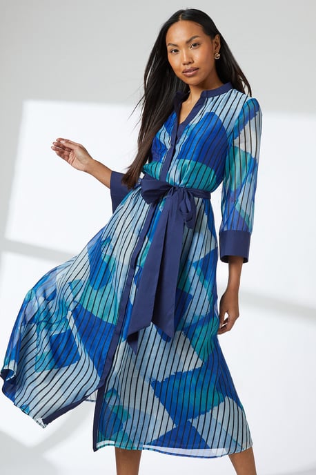 Blue Belted Contrast Detail Collarless Shirt Dress - Image 2