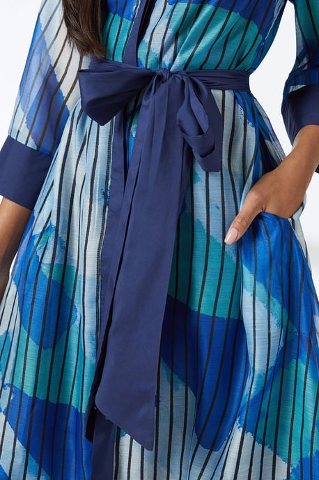 Blue Belted Contrast Detail Collarless Shirt Dress - Image 4