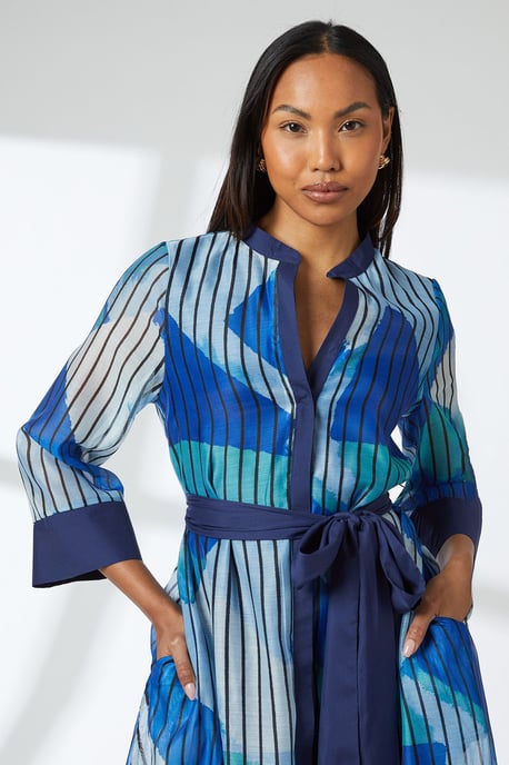 Blue Belted Contrast Detail Collarless Shirt Dress - Image 5