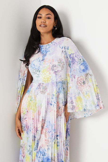 Sequin Pleated Cape Detail Midi Dress - Image 4