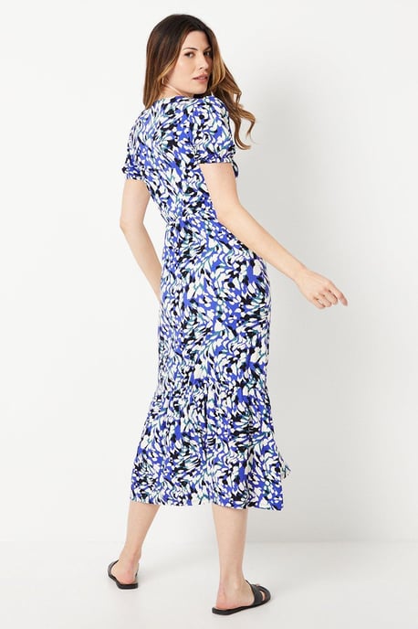 Blue Abstract Puff Sleeve Jersey Midi Dress - Image 3