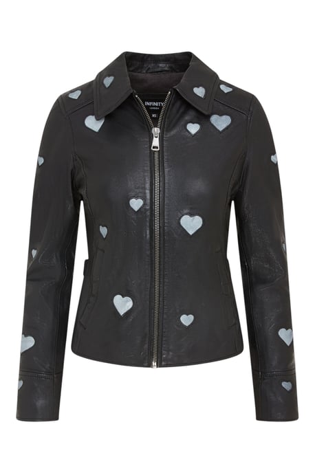Chaqueta motera de cuero negra con corazones para mujer - Malta - Image 2