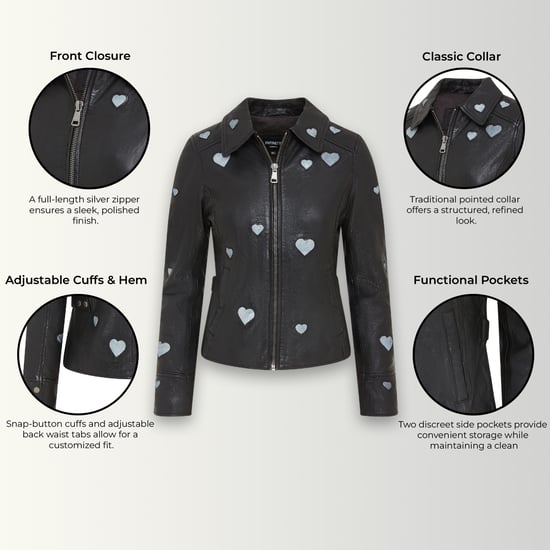Chaqueta motera de cuero negra con corazones para mujer - Malta - Image 3