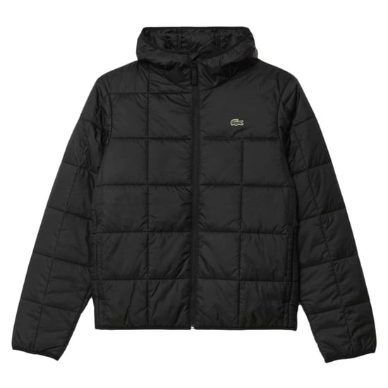 Chaqueta Acolchada Negra Con Capucha Y Logo De Lacoste, Impermeable - Image 1