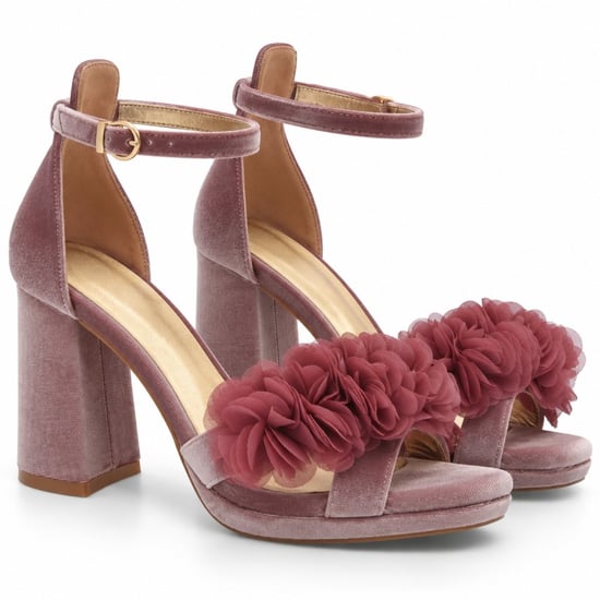Sandalias con Plataforma en Terciopelo Rosa con Flores y Tacón Ancho Montevita 105348 - Image 1