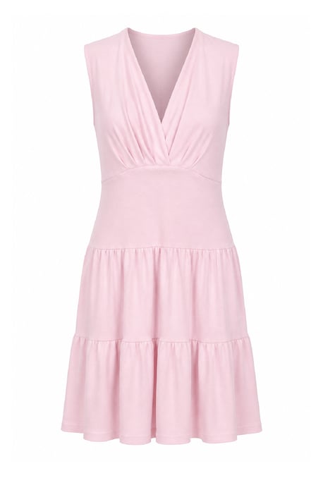 Vestido rosa empolvado con escote en V y volantes - Image 4