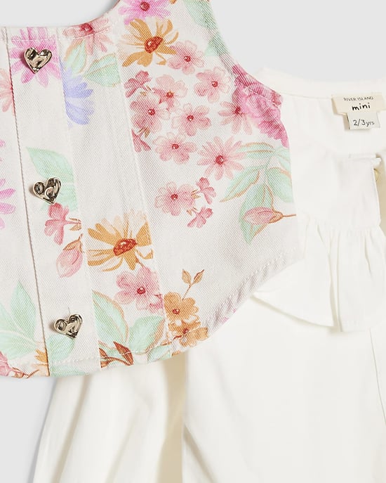 River Island Mini Vestido camisero para niña Blanco Floral 2 en 1 - Image 4
