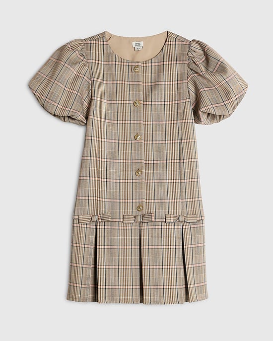 River Island Vestido para niña Marrón Cuadros Bajo plisado con lazo - Image 1