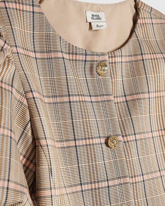River Island Vestido para niña Marrón Cuadros Bajo plisado con lazo - Image 2