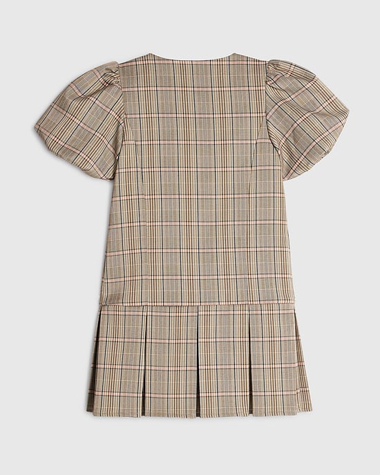 River Island Vestido para niña Marrón Cuadros Bajo plisado con lazo - Image 4