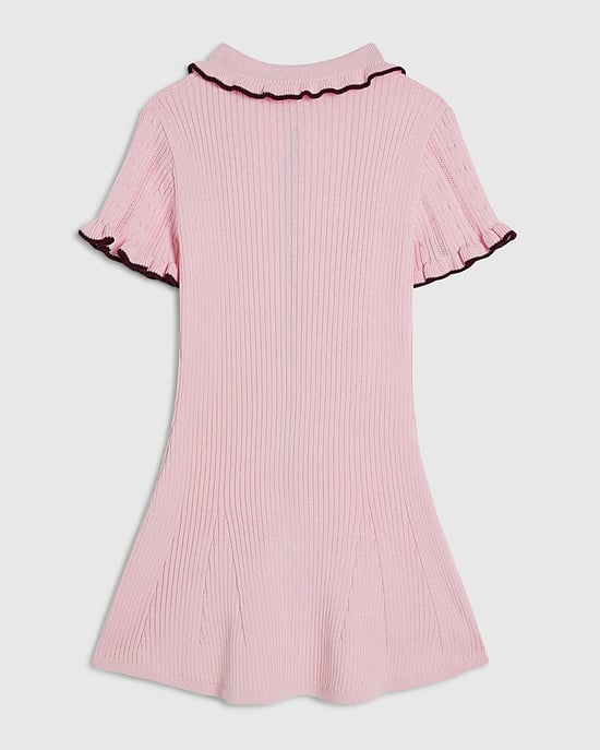 River Island Vestido de punto mini para niña con cuello rosa y ribete festoneado - Image 4