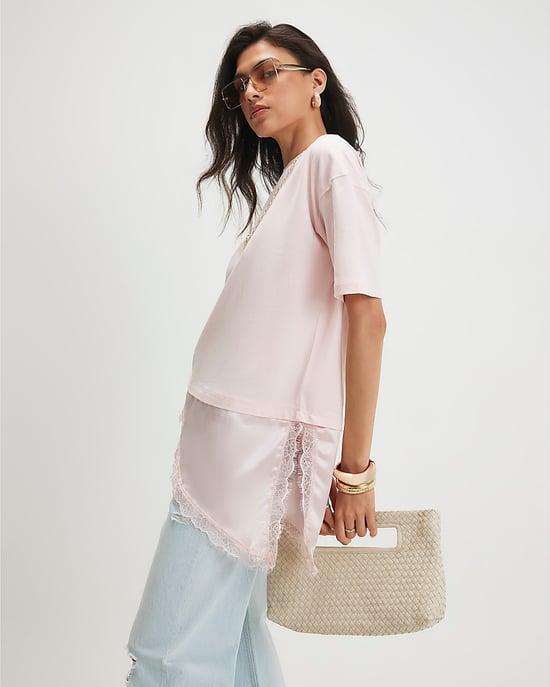 River Island Camiseta de mujer rosa de algodón con bajo de encaje asimétrico - Image 2