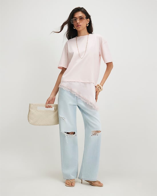 River Island Camiseta de mujer rosa de algodón con bajo de encaje asimétrico - Image 4