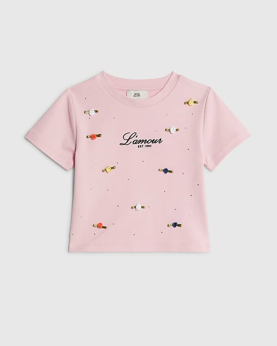River Island Camiseta de niña Rosa L'amour Rosette Cuello redondo - Image 1