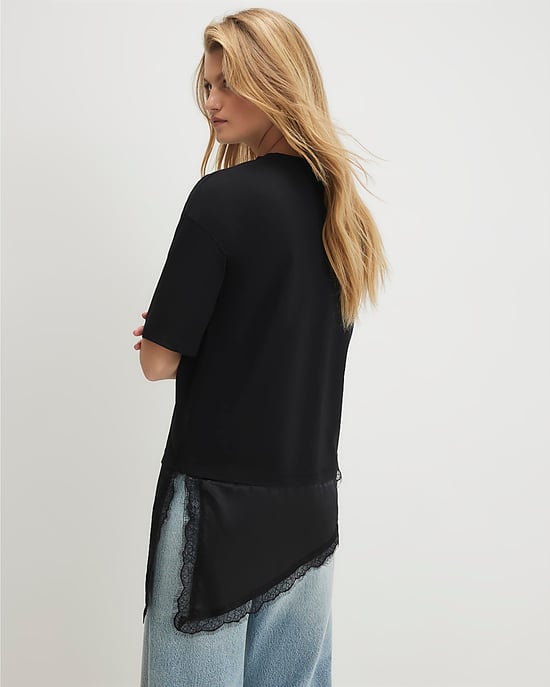 River Island Camiseta de mujer Negra Algodón Bajo de encaje Asimétrica - Image 3