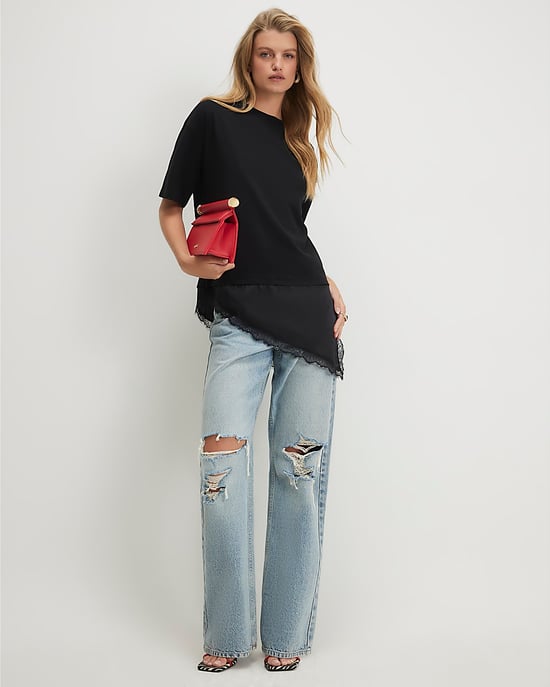 River Island Camiseta de mujer Negra Algodón Bajo de encaje Asimétrica - Image 4