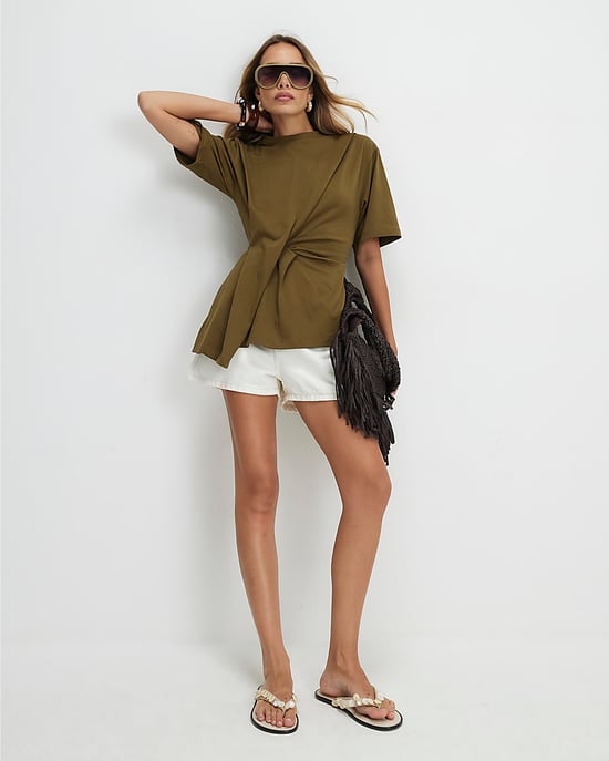River Island Camiseta de mujer Caqui Algodón Manga corta Pliegue delantero - Image 4